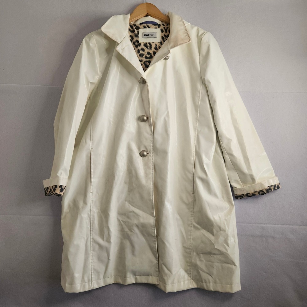 Jane Post Ivory Raincoat Hooded Leopard Print Lining XL Polyurethane Jacket FLAW